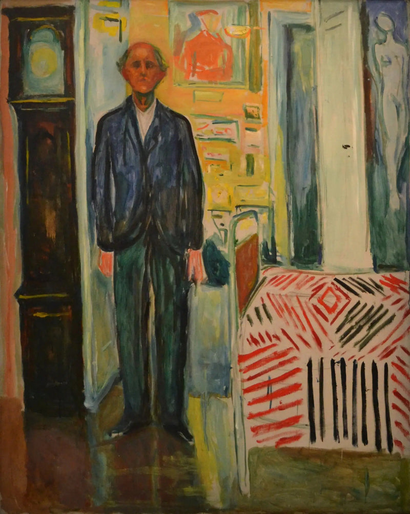 Itsepotretti. Kellon ja sängyn välissä - Edvard Munch