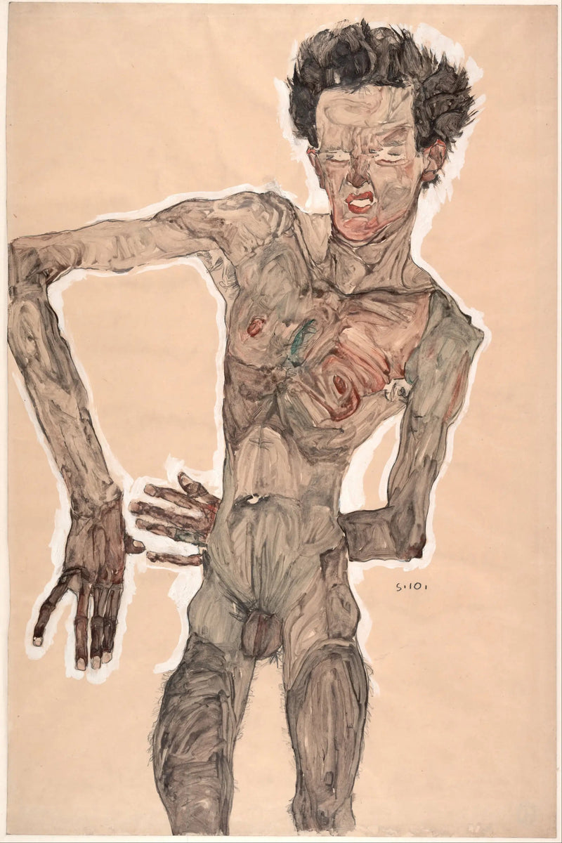 Alaston itseportraiitti irvistellen - Egon Schiele