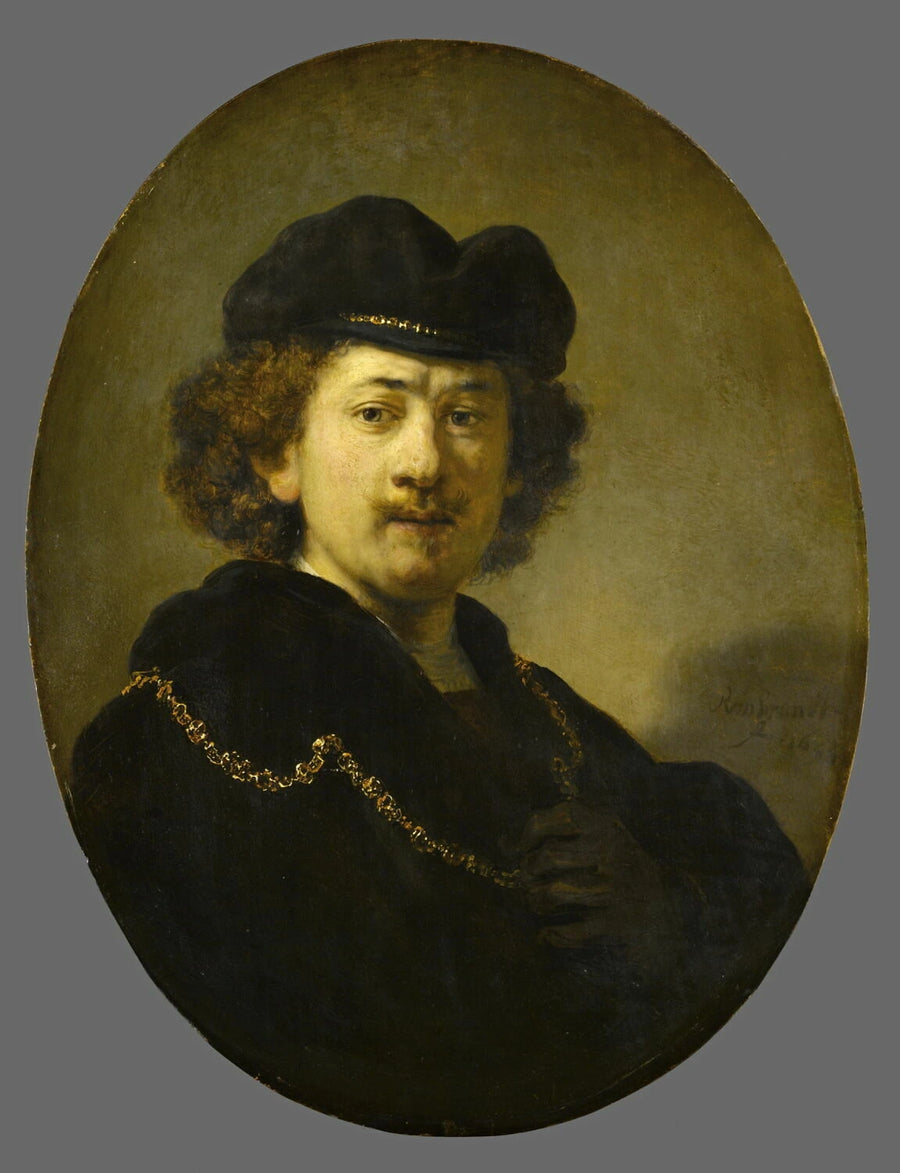 Taiteilijan muotokuva hattu päässä ja kultaketju kaulassa - Rembrandt