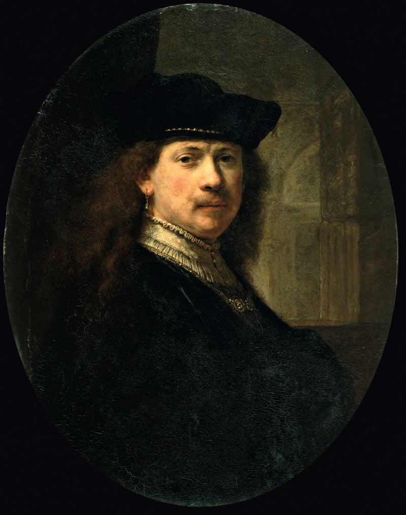 Itseportraiitti hattu päässä arkkitehtuurin taustalla - Rembrandt