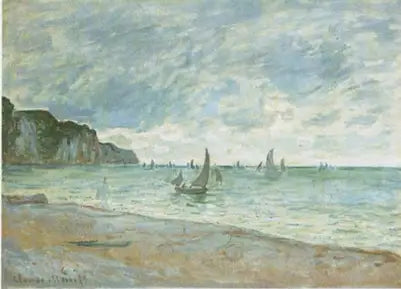 Kalastusveneitä Pourvillen rannan ja kallioiden edustalla - Claude Monet