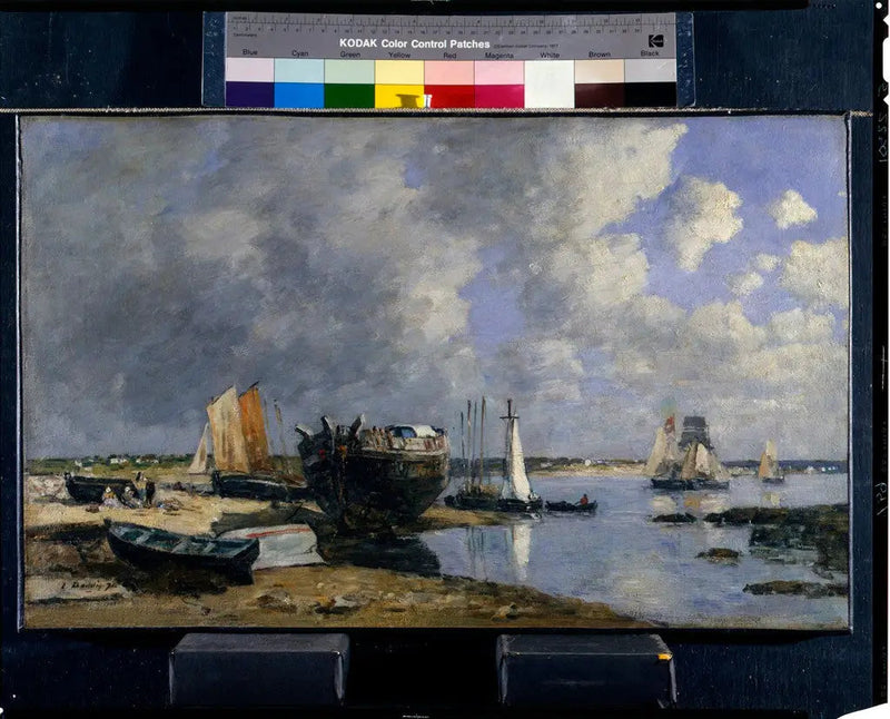 Ankkuroituja veneitä ja sillan päässä - Eugène Boudin
