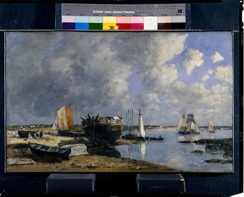 Ankkuroituja veneitä ja sillan päässä - Eugène Boudin