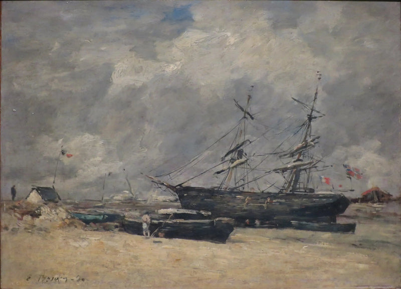 Kalastusveneet rannalla. Trouville, matala vuorovesi - Eugène Boudin