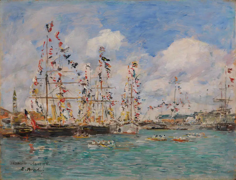 Lippuja koristellut veneet Deauville satamassa - Eugène Boudin