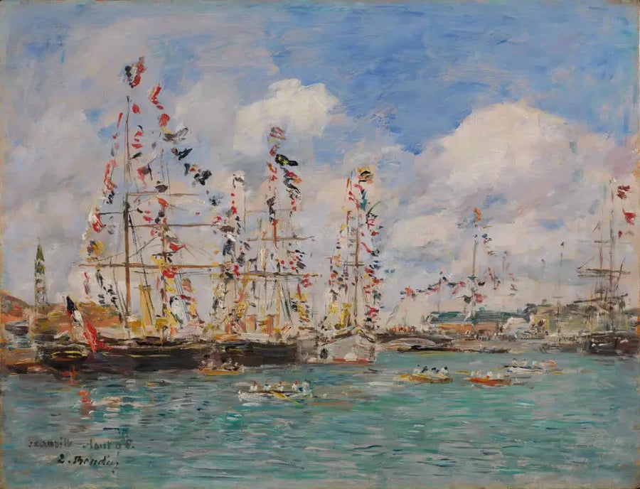 Lippuja koristellut veneet Deauville satamassa - Eugène Boudin