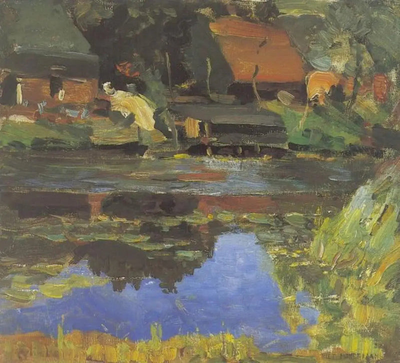 Veden äärellä olevat rakennukset pesulalla - Piet Mondrian