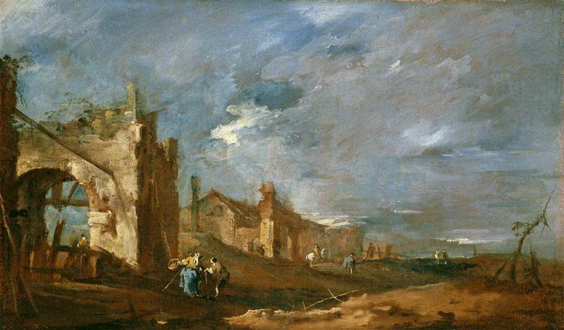 Raunioituneet rakennukset ja hahmot laguunin rannalla - Francesco Guardi