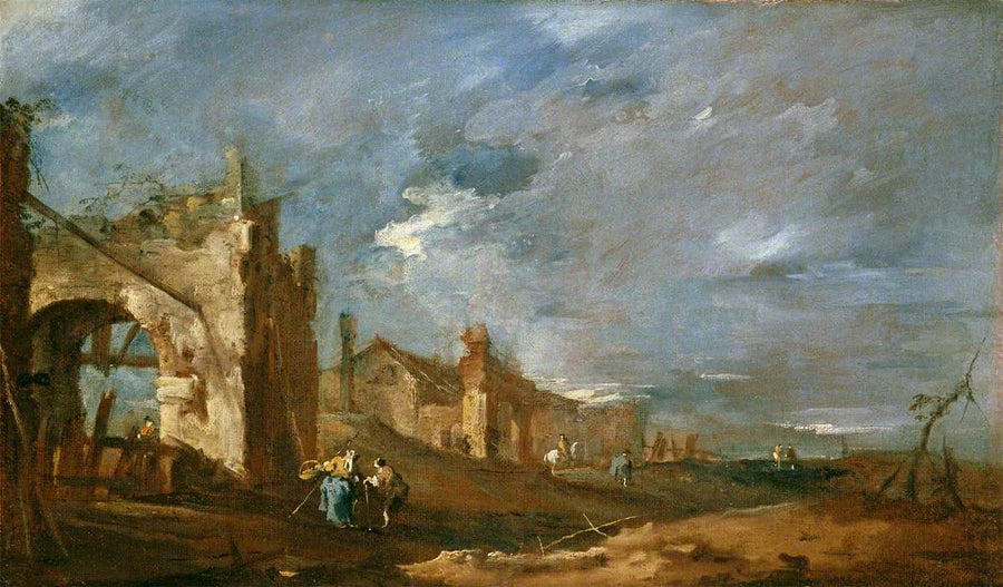 Raunioituneet rakennukset ja hahmot laguunin rannalla - Francesco Guardi