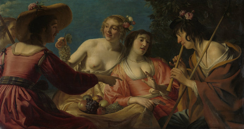 Bergeri soittamassa huilua ja neljä paimenlihaa - Gerrit van Honthorst
