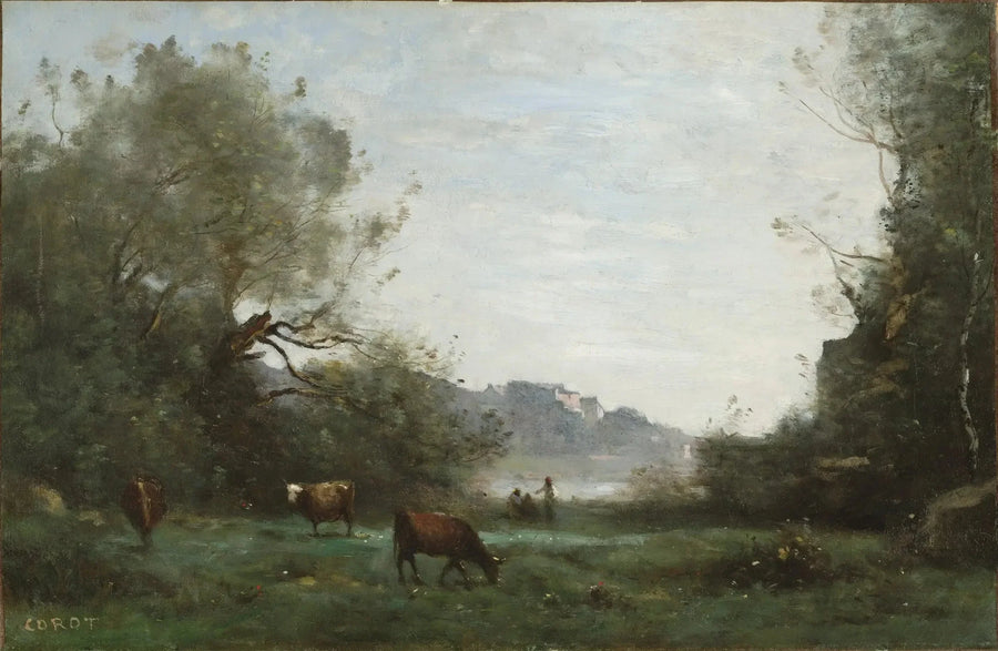 Karjaa laitumella metsän täplittämässä laaksossa - Jean-Baptiste Camille Corot