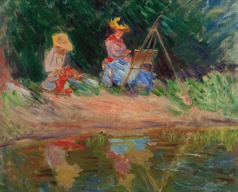 Blanche Monet maalaamassa siskonsa Suzannen kanssa veden äärellä - Claude Monet