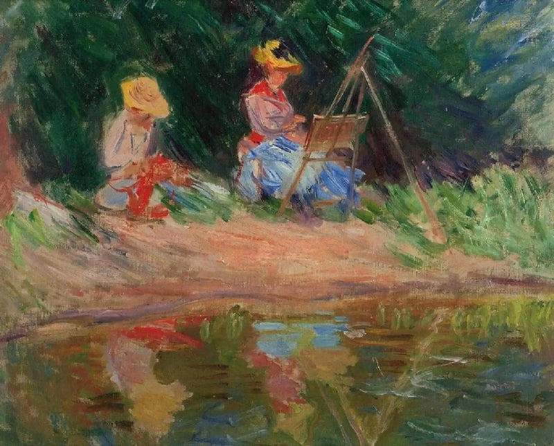 Blanche Monet maalaamassa siskonsa Suzannen kanssa veden äärellä - Claude Monet