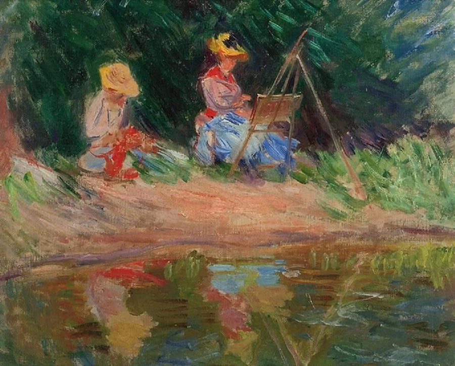 Blanche Monet maalaamassa siskonsa Suzannen kanssa veden äärellä - Claude Monet