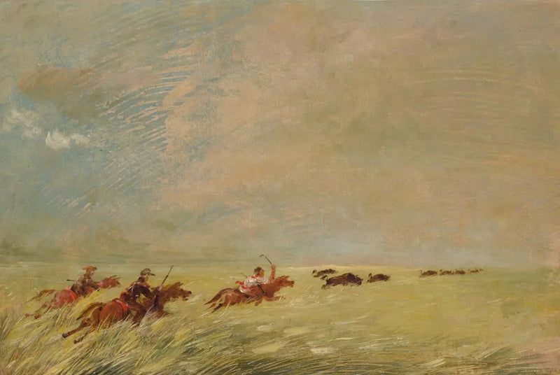 Bogard, Batiste ja minä metsästämässä biisonia korkeissa heinissä Missouri-joen taustalla - George Catlin