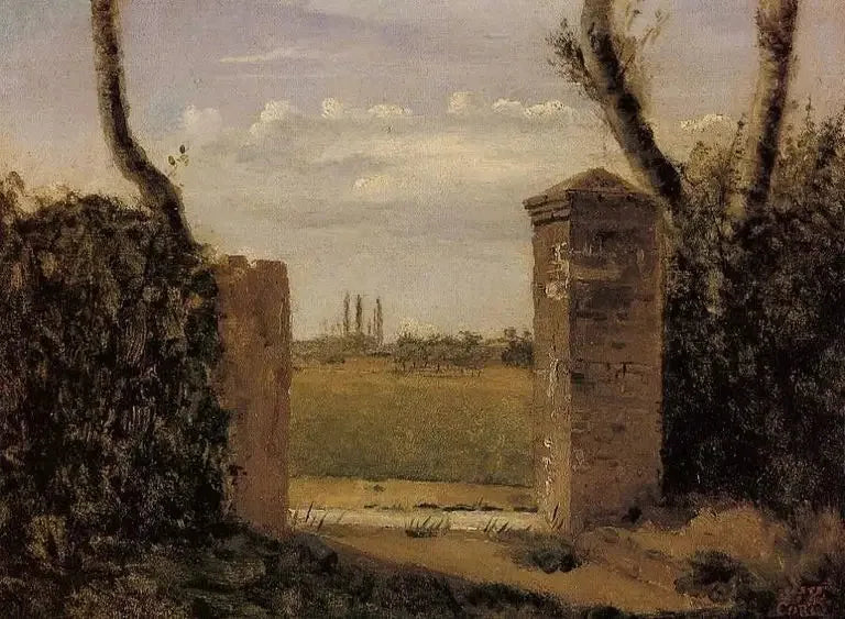 Bois-Guillaume, lähellä Rouenia, portti, jonka molemmilla puolilla on kaksi pylvästä - Jean-Baptiste Camille Corot