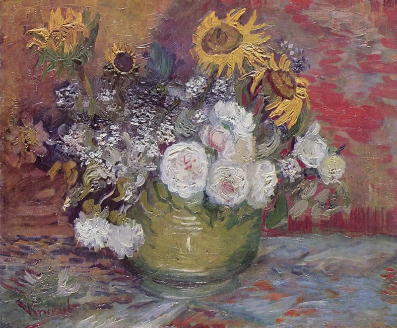 Kulho auringonkukilla, ruusuilla ja muilla kukilla - Vincent van Gogh