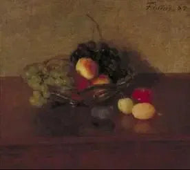 Lasinalusta lasista viinirypäleillä, persikoilla ja luumuilla - Henri Fantin-Latour