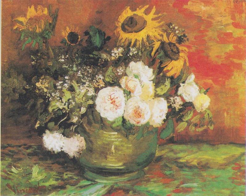 Kulho auringonkukilla, ruusuilla ja muilla kukilla - Vincent van Gogh