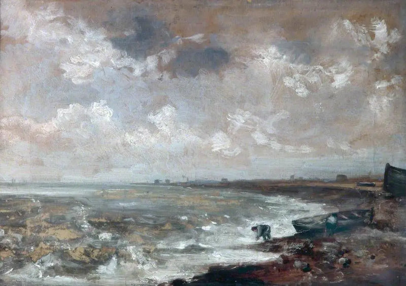 Meri-ranta kalastajien kanssa lähellä venettä - John Constable