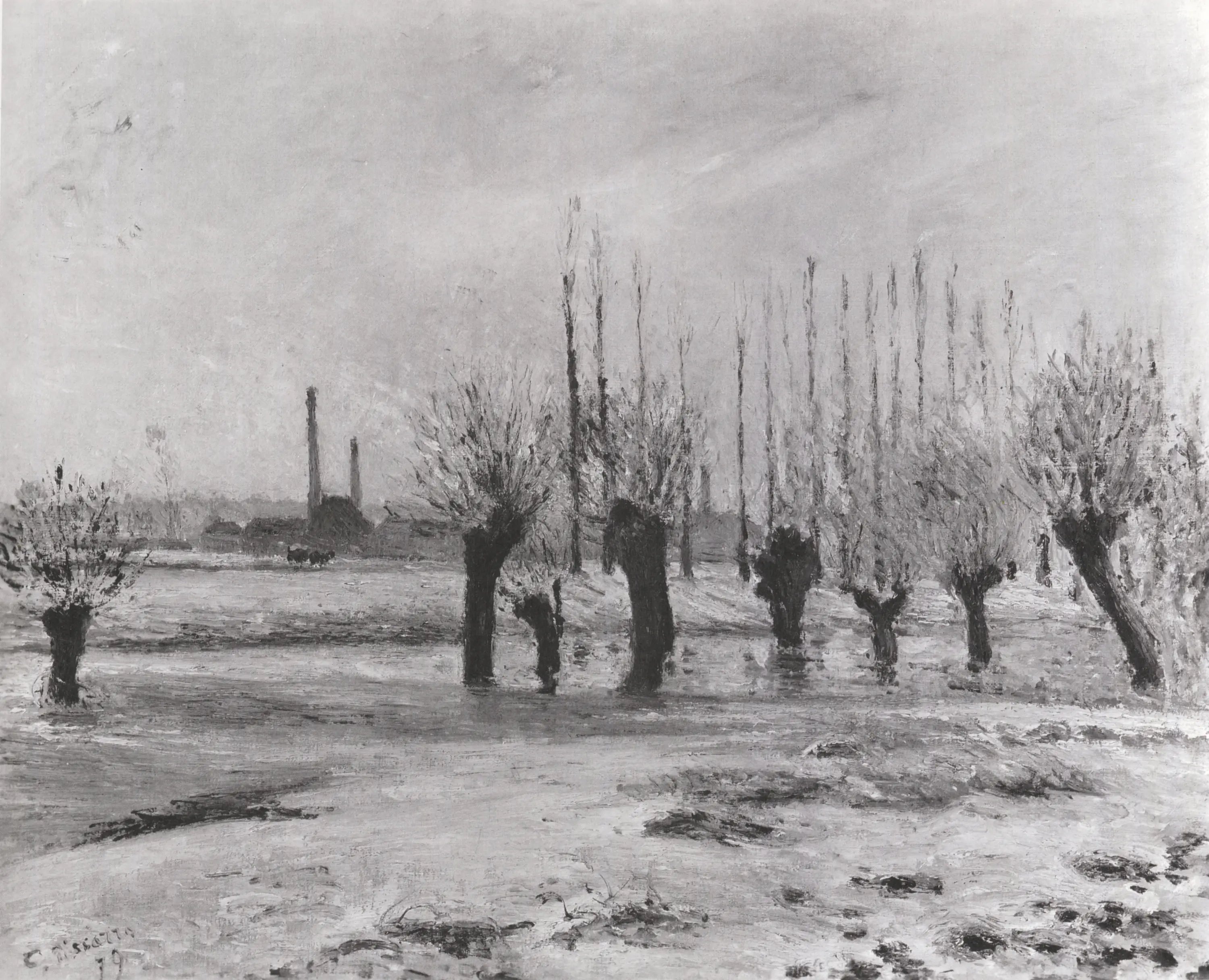 Bords de l'Oise à Pontoise, effet de neige - Camille Pissarro image 1 reproduction d’œuvre d’art à l’huile
