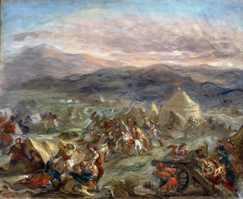Botzaris yllättää turkkilaisen leirin ja kaatuu kuolettavasti haavoittuneena - Eugène Delacroix