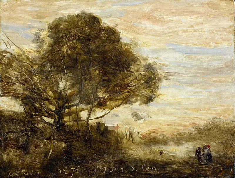 Puuaiheinen kukkatarha veden äärellä - Jean-Baptiste Camille Corot