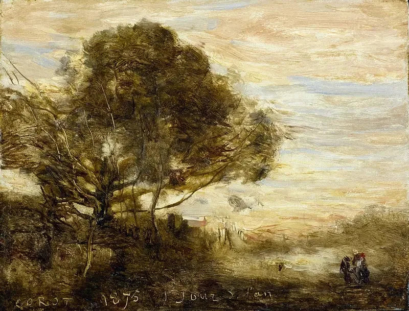 Puuaiheinen kukkatarha veden äärellä - Jean-Baptiste Camille Corot