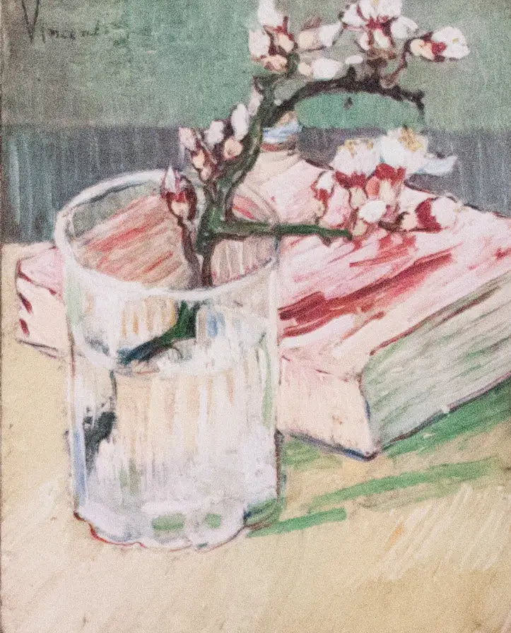 Mantelipuun oksa kukassa lasissa kirjan kanssa - Vincent van Gogh