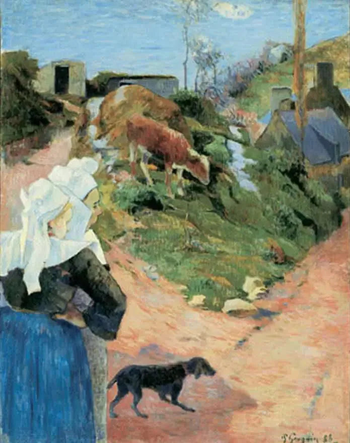 Bretonilaisia tien mutkassa, tai Bretonilaisia ja vasikka - Paul Gauguin
