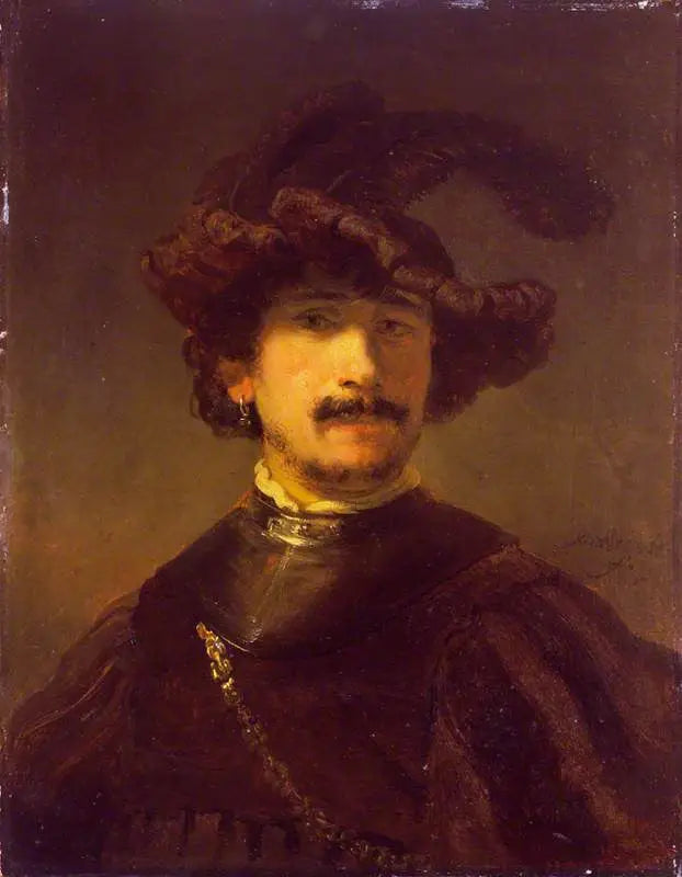 Miehen rintakuva kaulapannassa ja sulkapäähineessä - Rembrandt