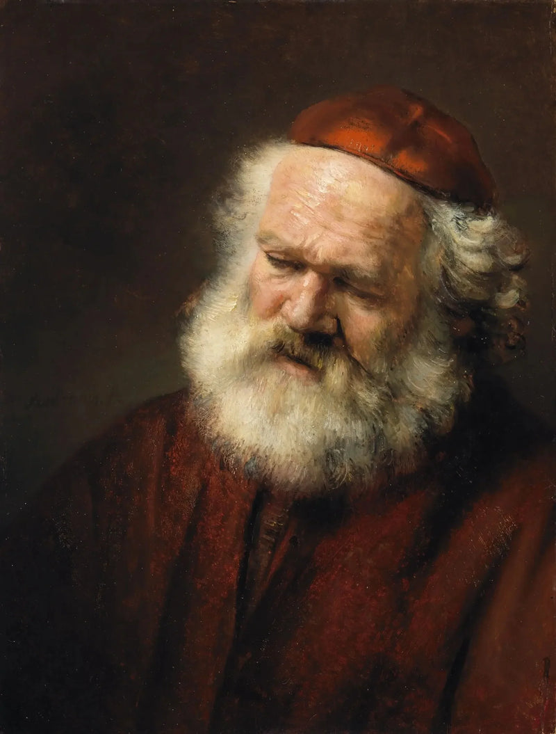 Vanhan partaisen miehen rintakuva punaisessa myssyssä - Rembrandt