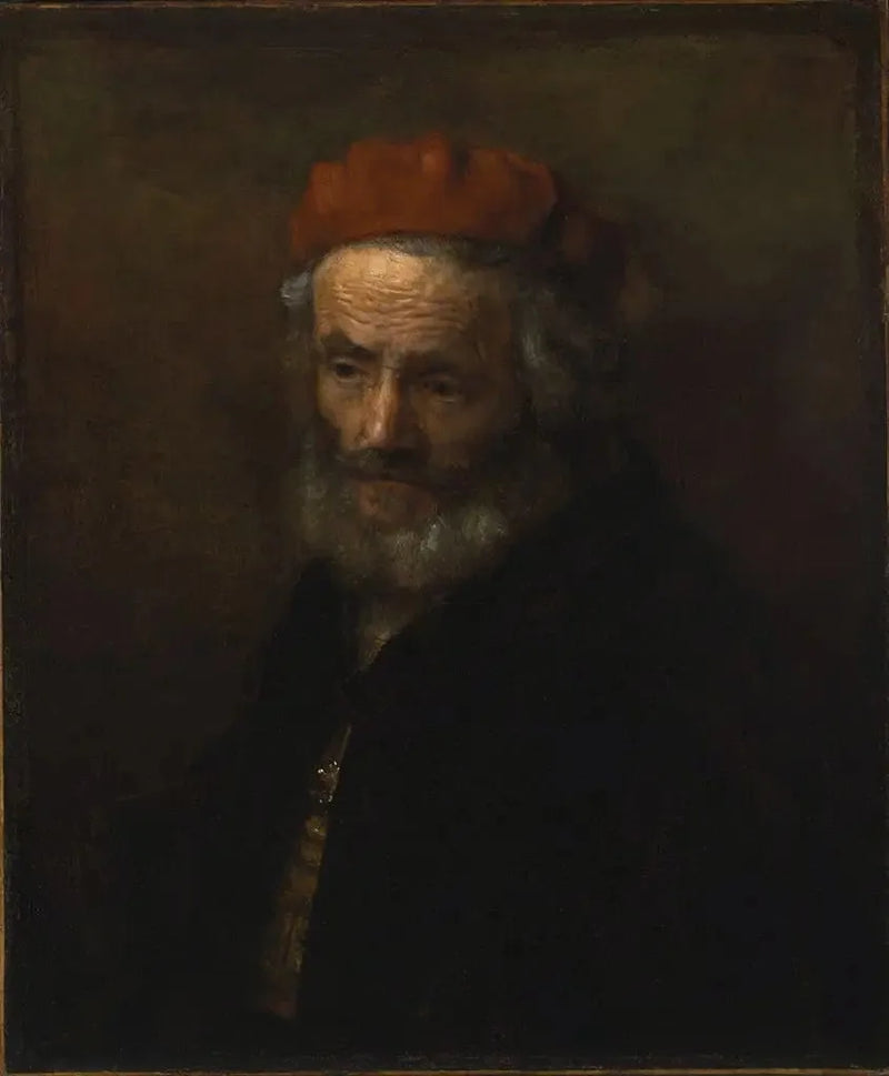 Vanhan miehen rintakuva punaisessa hatussa - Rembrandt