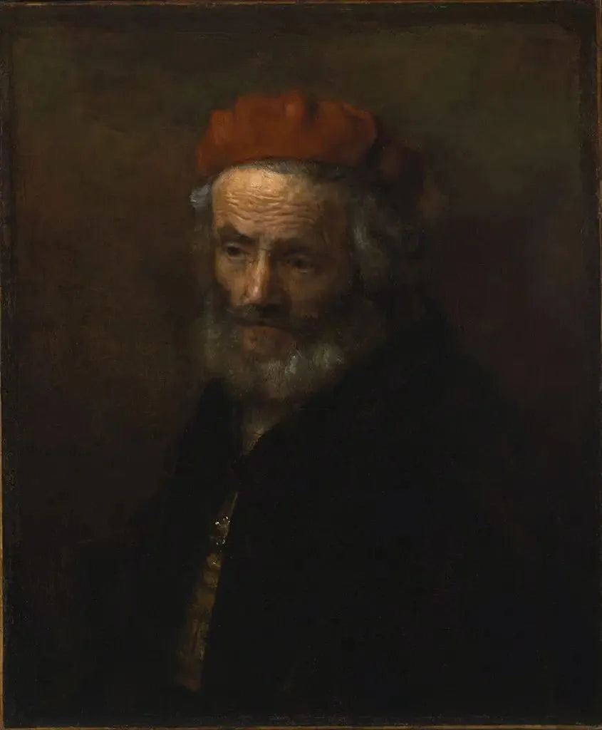 Vanhan miehen rintakuva punaisessa hatussa - Rembrandt