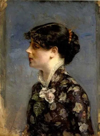Nuoren tummatukkaisen naisen profiilikuva, vasemmalla, kukkamekossa - Giovanni Boldini
