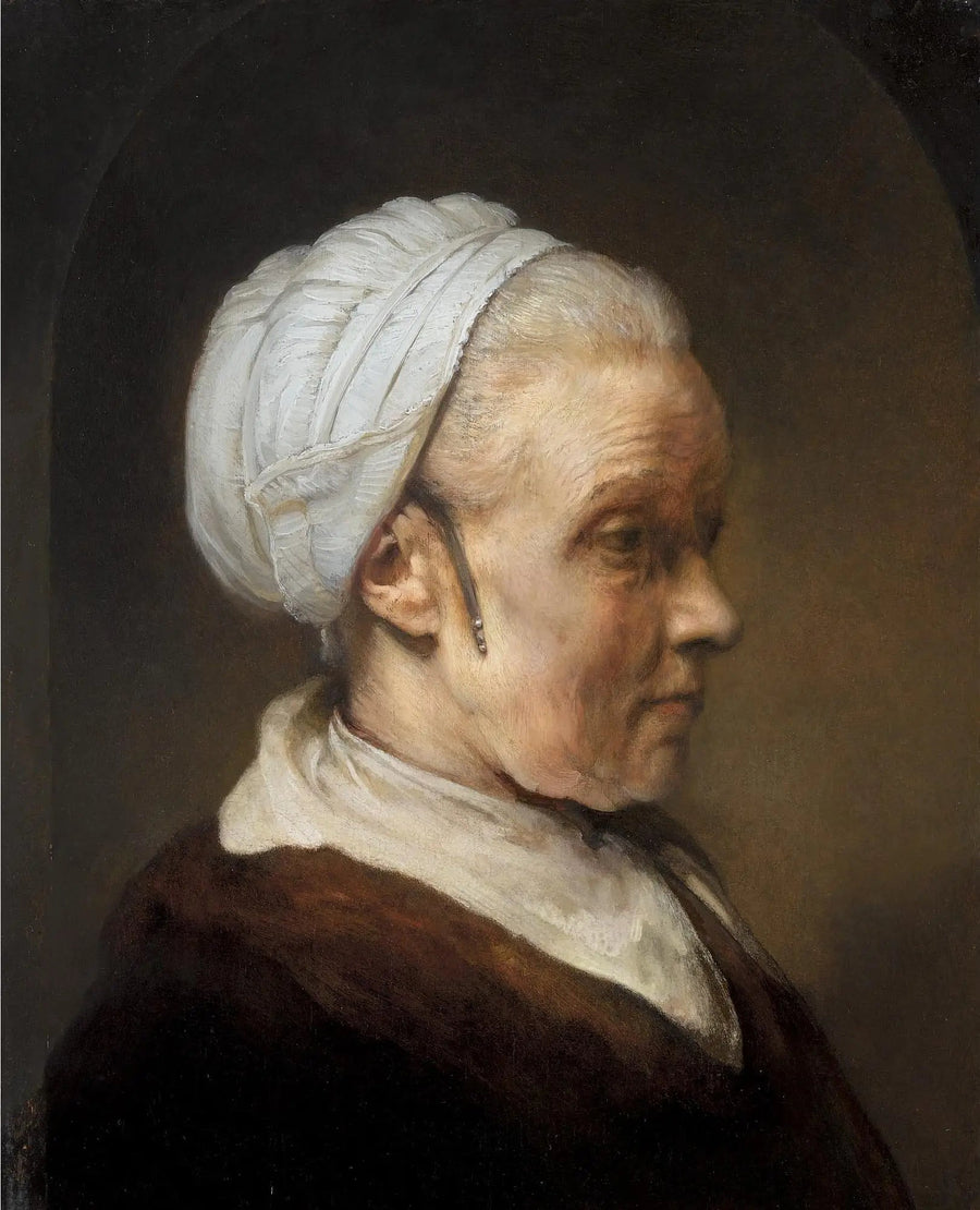Vanhan naisen rintakuva valkoisessa myssyssä - Rembrandt
