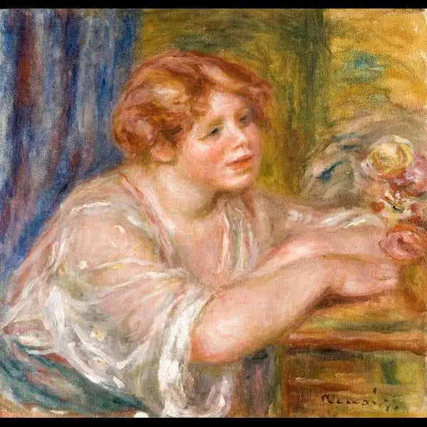 Nuoren tytön rintakuva, joka katsoo kukkia - Pierre-Auguste Renoir