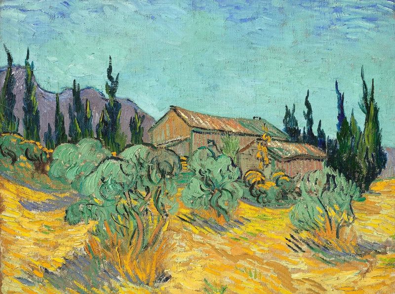 Puutaloja oliivipuiden ja sypressien keskellä - Vincent van Gogh