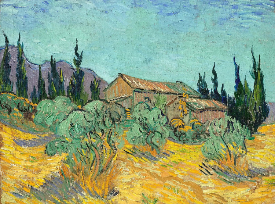 Puutaloja oliivipuiden ja sypressien keskellä - Vincent van Gogh