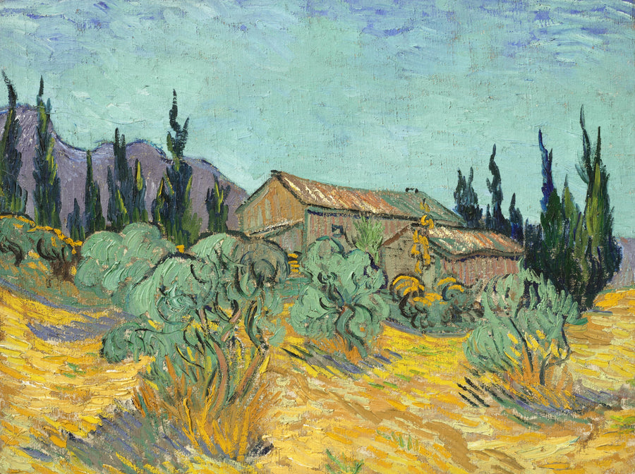 Puutaloja oliivipuiden ja sypressien keskellä - Vincent van Gogh