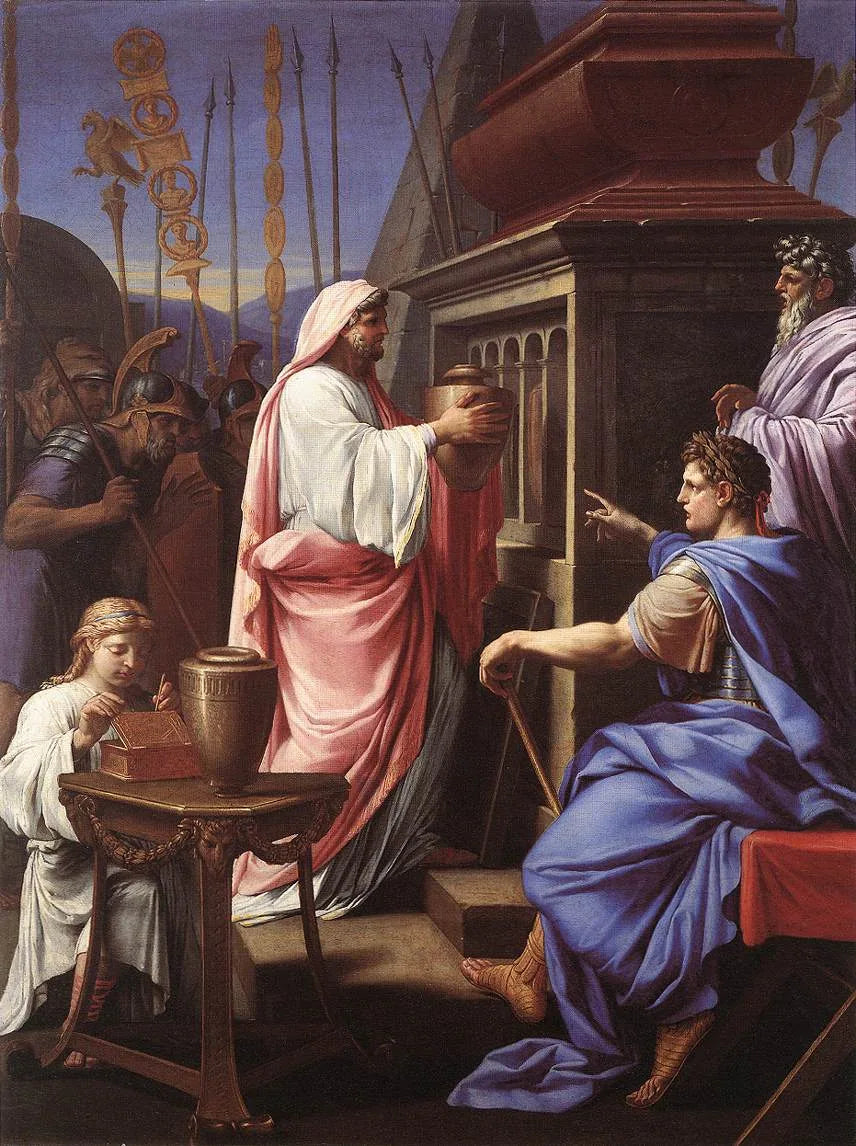 Caligula asettaen äitinsä ja veljensä tuhkia esi-isiensä hautaan - Eustache Le Sueur