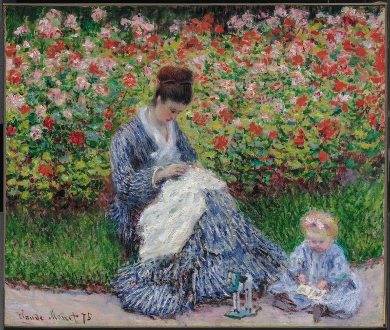 Camille Monet ja lapsi taiteilijan puutarhassa Argenteuilissa - Claude Monet