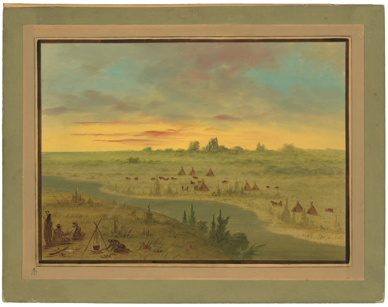 Pawnee-intiaanikylä auringonlaskussa - George Catlin