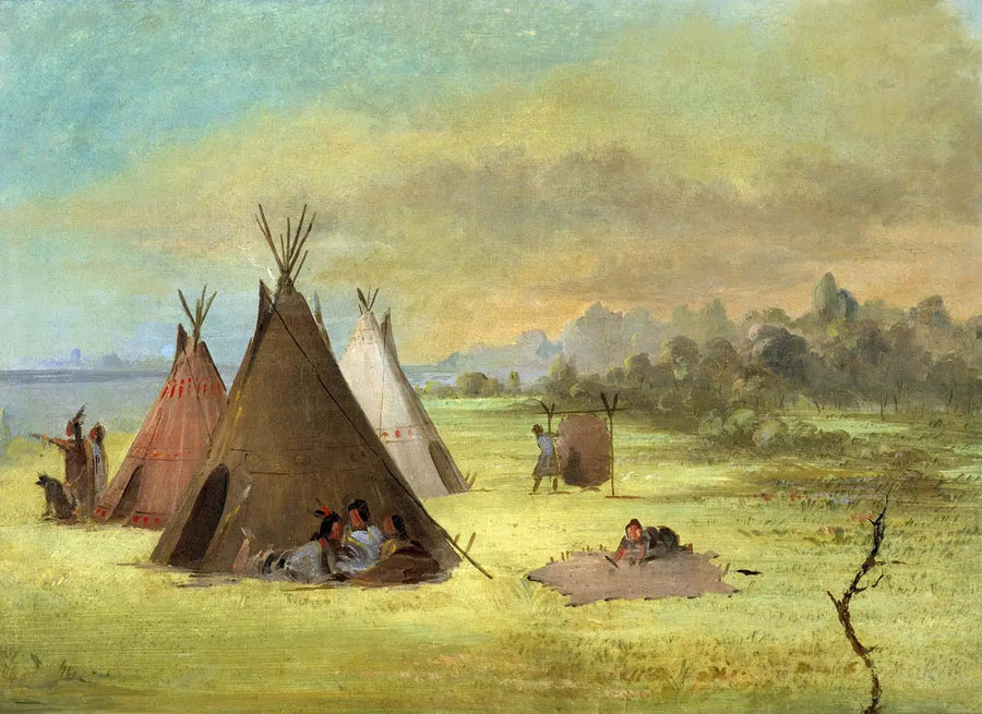 Intiaani-leiri, Comanche (tai Kiowa) valmistamassa nahkoja, Rivière Rouge - George Catlin