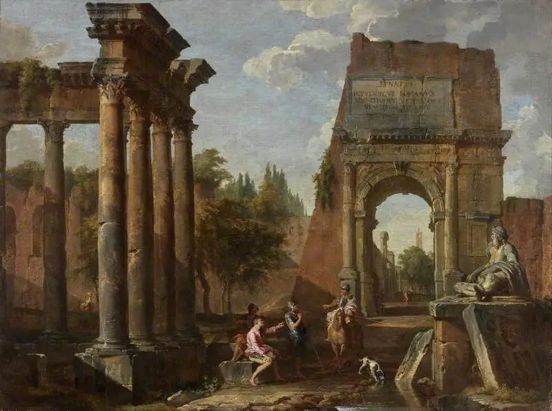 Capriccio arkkitehtoninen, Titus-aukio ja figuurit - Giovanni Paolo Panini
