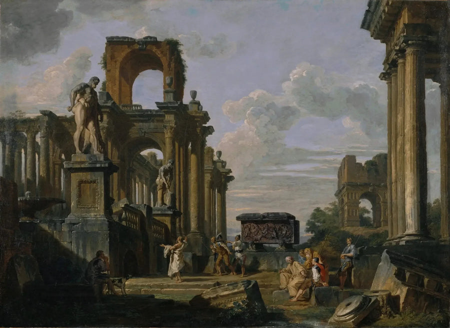 Caprice-arkkitehtuuri Rooman foorumilta filosofien ja sotilaiden kanssa muinaisten raunioiden keskellä, mukaan lukien Januksen nelikulmainen kaari, Santa Constanzan sarkofagi, Farnesen Herkules ja Cincinnatus - Giovanni Paolo Panini
