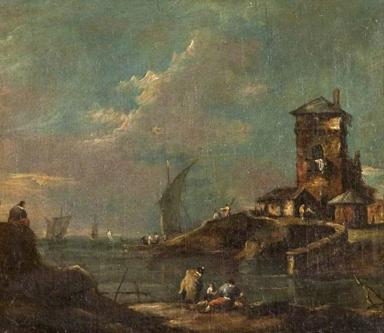 Capriccio rustiikkisen tornin, talojen ja veneiden kanssa - Francesco Guardi