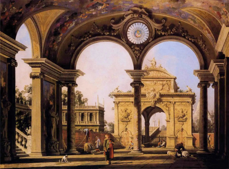 Capriccio renessanssin voitonriemukaaresta nähtynä palatsin portikista - Canaletto