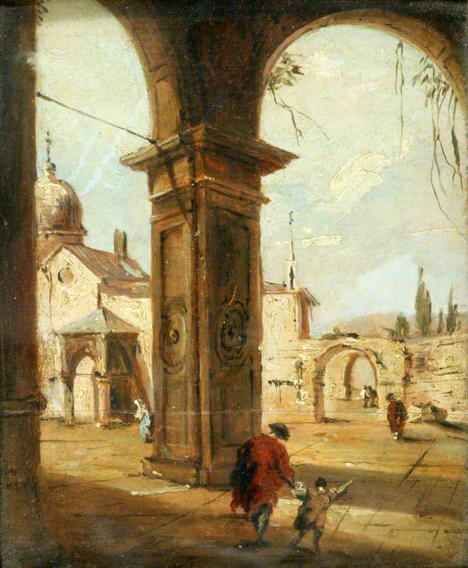 Capriccio kirkolla näkyvällä portiikilla - Francesco Guardi