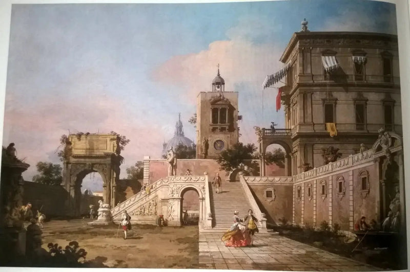 Renessanssipalatsin capriccio, jossa on monumentaalinen portaita, kellotorni ja Titus-kaarre taustalla - Canaletto